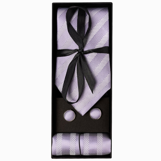 Mens Lilac Textured Stripe Silk Classic Tie Pocket Square And Cufflinks Box Set 1