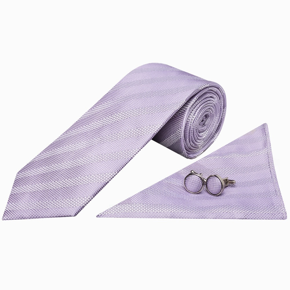 Mens Lilac Textured Stripe Silk Classic Tie Pocket Square And Cufflinks Box Set 2