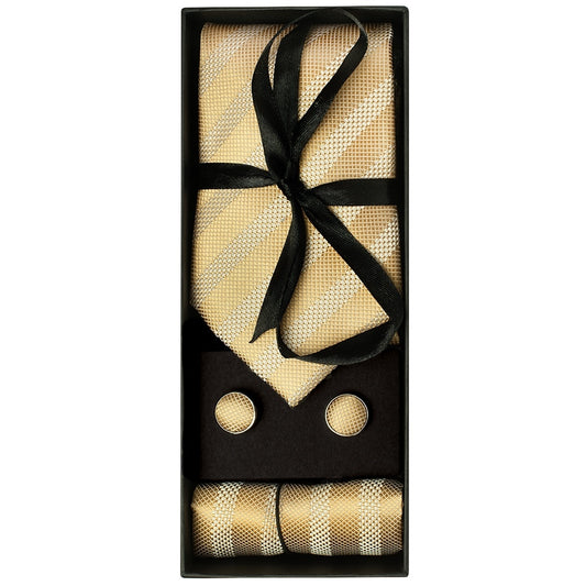 Mens Gold Textured Stripe Silk Classic Tie Pocket Square And Cufflinks Box Set 1
