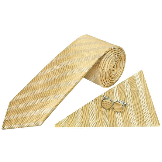 Mens Gold Textured Stripe Silk Classic Tie Pocket Square And Cufflinks Box Set 2
