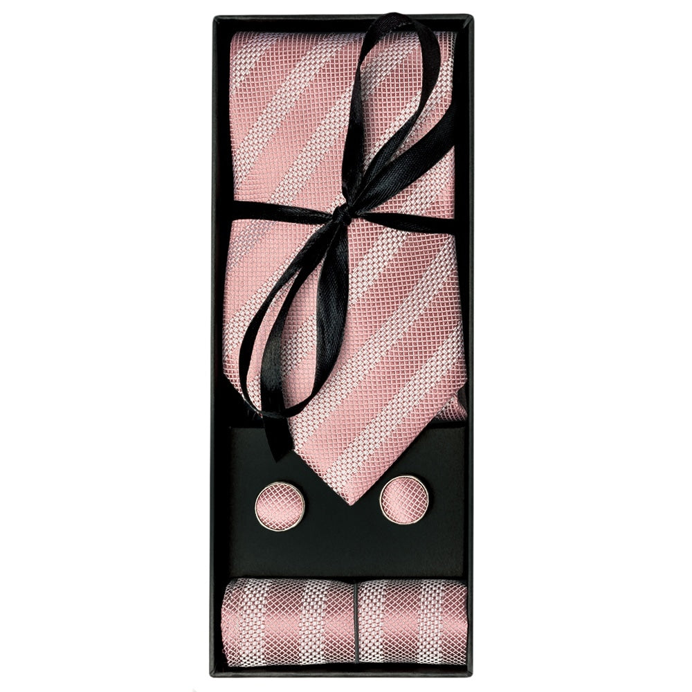 Mens Rose Gold Textured Stripe Silk Classic Tie Pocket Square And Cufflinks Box Set 1
