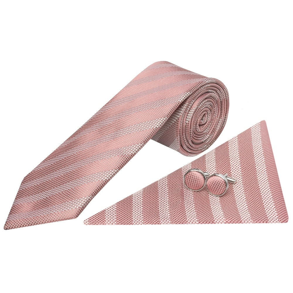 Mens Rose Gold Textured Stripe Silk Classic Tie Pocket Square and Cufflink Box Set