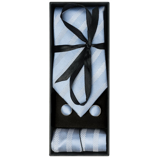 Mens Light Blue Textured Stripe Silk Classic Tie Pocket Square And Cufflinks Box Set 1