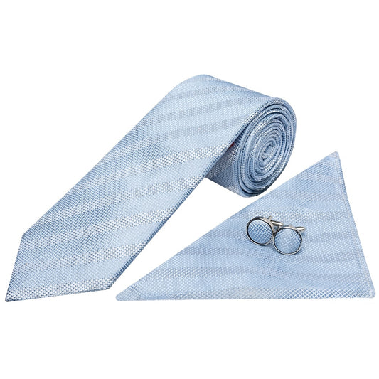 Mens Light Blue Textured Stripe Silk Classic Tie Pocket Square And Cufflinks Box Set 2