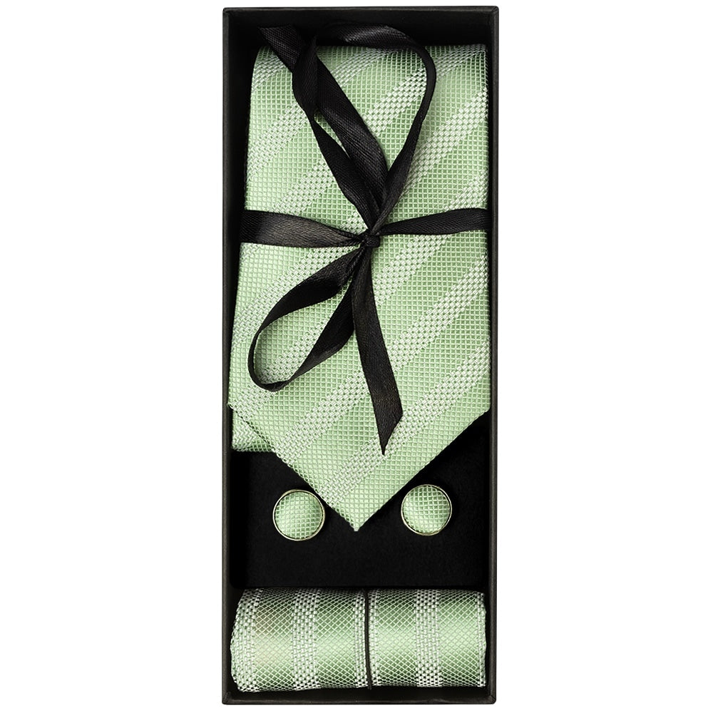 Mens Light Sage Textured Stripe Silk Classic Tie Pocket Square And Cufflinks Box Set 1
