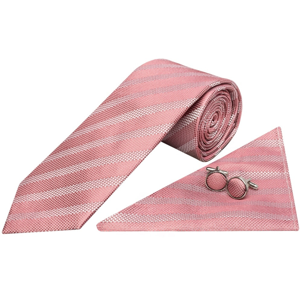 Mens Dusty Pink Textured Stripe Silk Classic Tie Pocket Square And Cufflinks Box Set 2