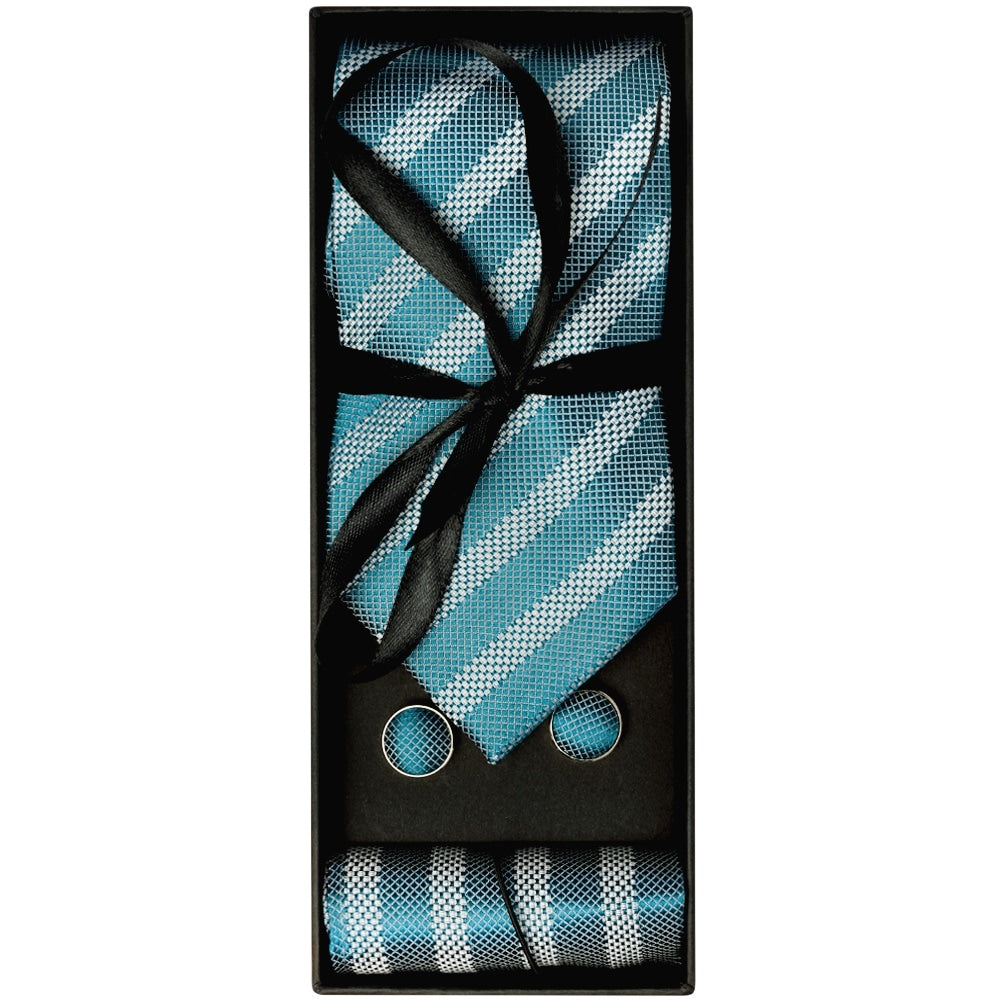 Mens Teal Textured Stripe Silk Classic Tie Pocket Square And Cufflinks Box Set 1