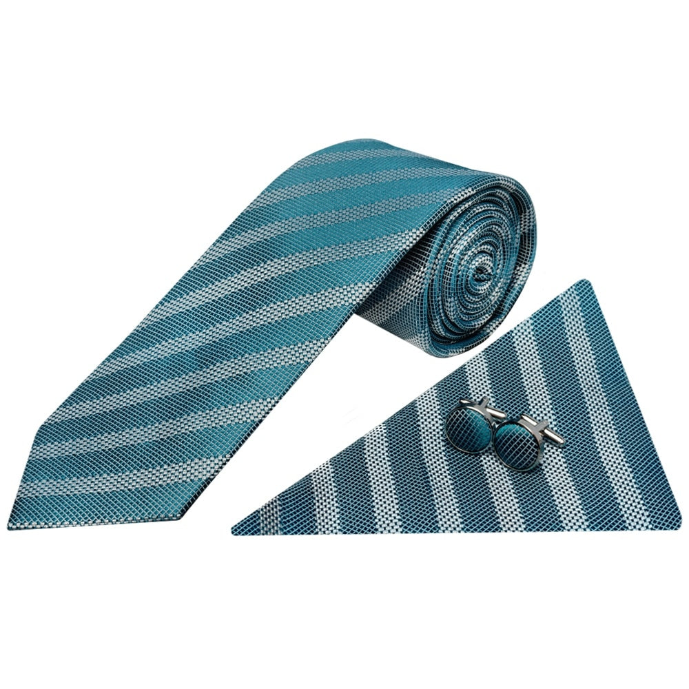 Mens Teal Textured Stripe Silk Classic Tie Pocket Square and Cufflinks Box Set
