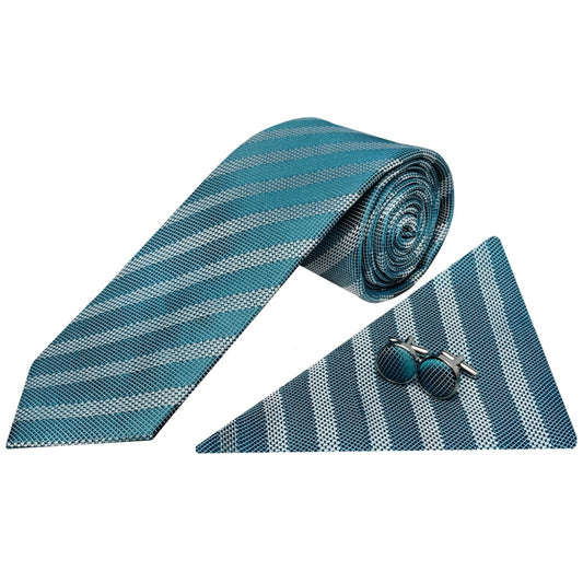 Mens Teal Textured Stripe Silk Classic Tie Pocket Square and Cufflinks Box Set