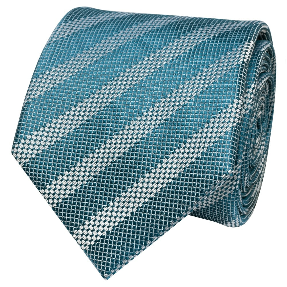 Mens Teal Textured Stripe Silk Classic Tie Pocket Square And Cufflinks Box Set 3
