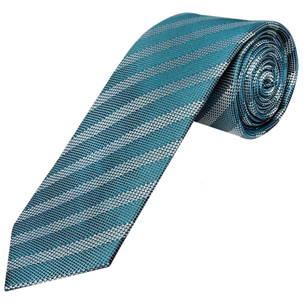 Mens Teal Textured Stripe Silk Classic Tie Pocket Square And Cufflinks Box Set 4