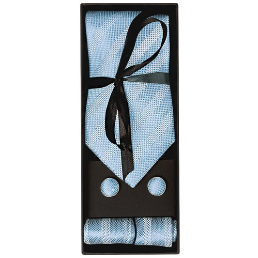 Mens Dusty Blue Textured Stripe Silk Classic Tie Pocket Square And Cufflinks Box Set 1
