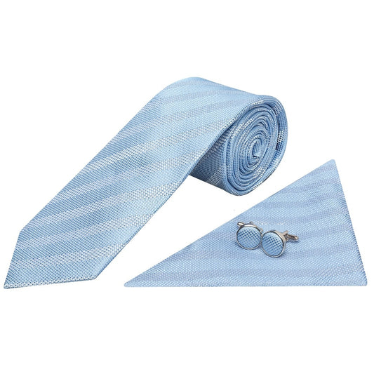 Mens Dusty Blue Textured Stripe Silk Classic Tie Pocket Square And Cufflinks Box Set 2