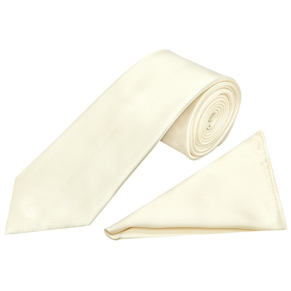 Plain Off White Satin Classic Mens Tie And Pocket Square Set 1
