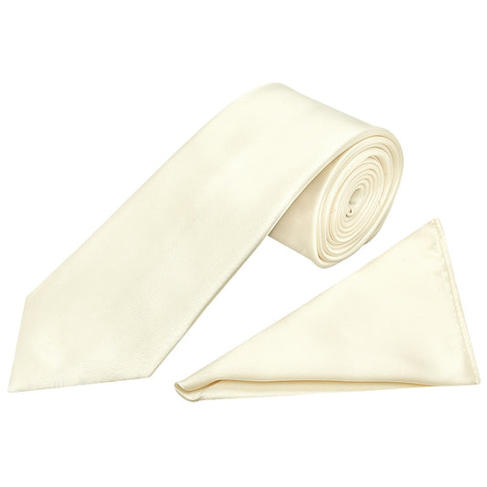 Plain Off White Satin Classic Mens Tie And Pocket Square Set 1