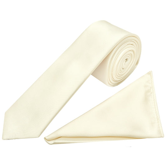 Plain Off White Satin Skinny Mens Tie And Pocket Square Set 1