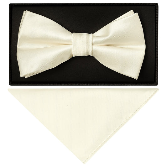 Plain Off White Hand Made Mens Bow Tie And Pocket Square Set 1