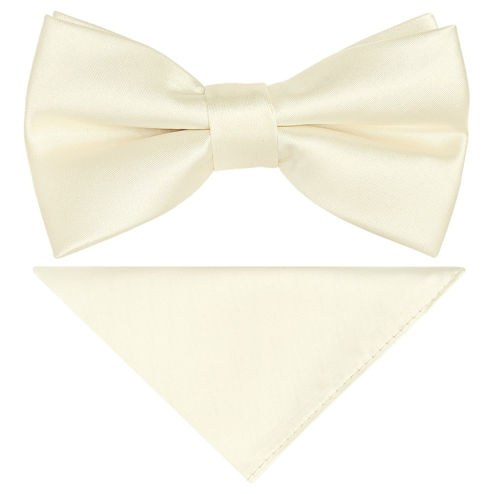 Pre Tied Off White Satin Boys Bow Tie And Pocket Square Set 1