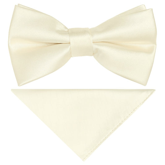Pre Tied Off White Satin Boys Bow Tie And Pocket Square Set 1