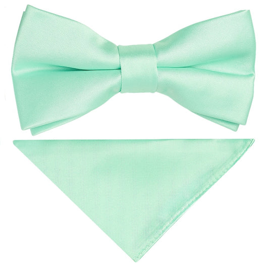 Pre Tied Mint Green Satin Boys Bow Tie and Pocket Square Set