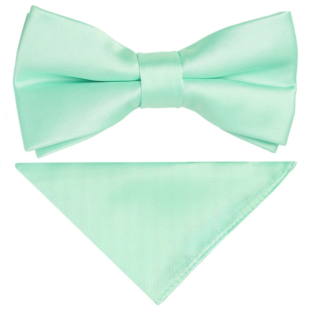 Pre Tied Mint Green Satin Boys Bow Tie And Pocket Square Set 1