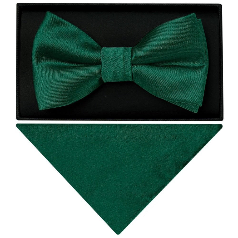 Plain Bottle Green Mens Bow Tie And Pocket Square Set 1