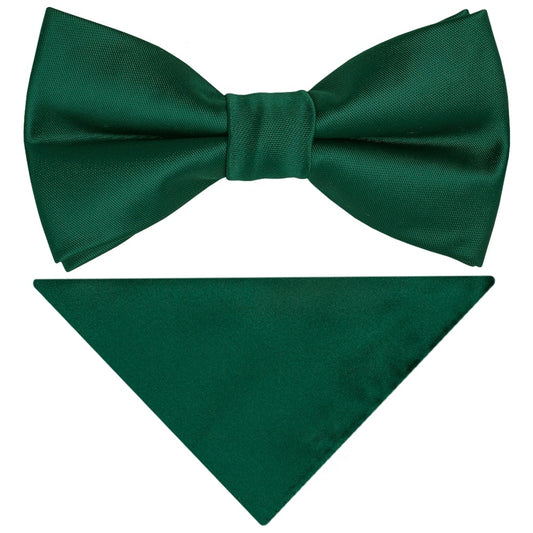 Pre Tied Bottle Green Satin Boys Bow Tie And Pocket Square Set 1