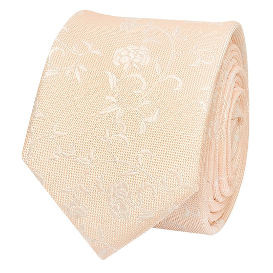Light Peach And White Floral Skinny Mens Tie 2