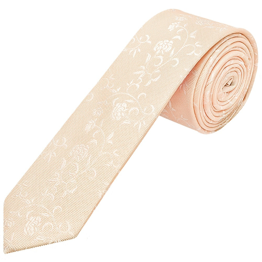Light Peach And White Floral Skinny Boys Tie 1