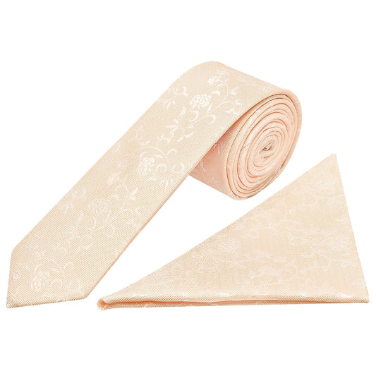 Light Peach And White Floral Skinny Boys Tie And Pocket Square Set 1