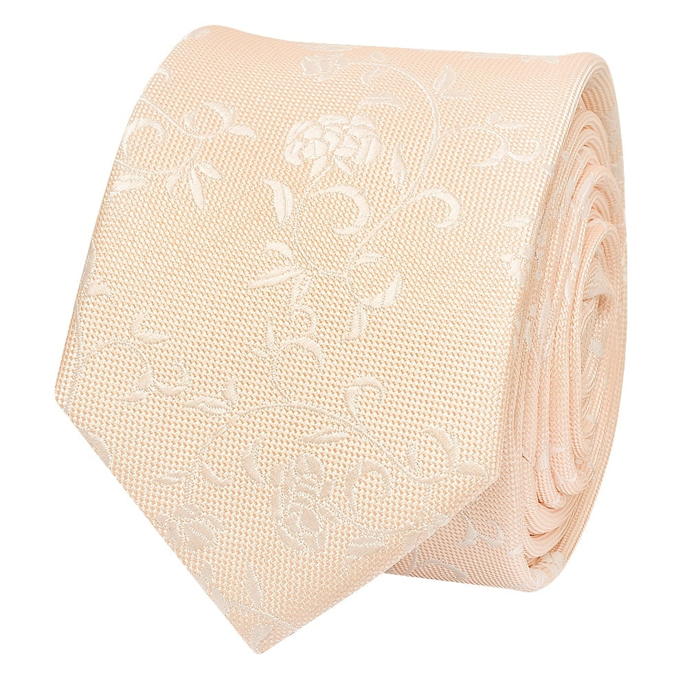 Light Peach And White Floral Skinny Boys Tie And Pocket Square Set 3
