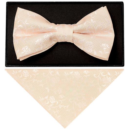 Light Peach And White Floral Handmade Mens Bow Tie And Pocket Square Set 1