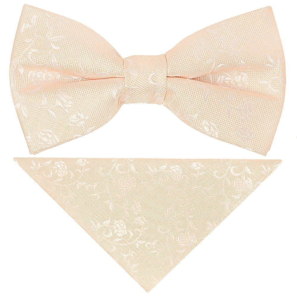 Pre Tied Light Peach And White Floral Boys Bow Tie And Pocket Square Set 1