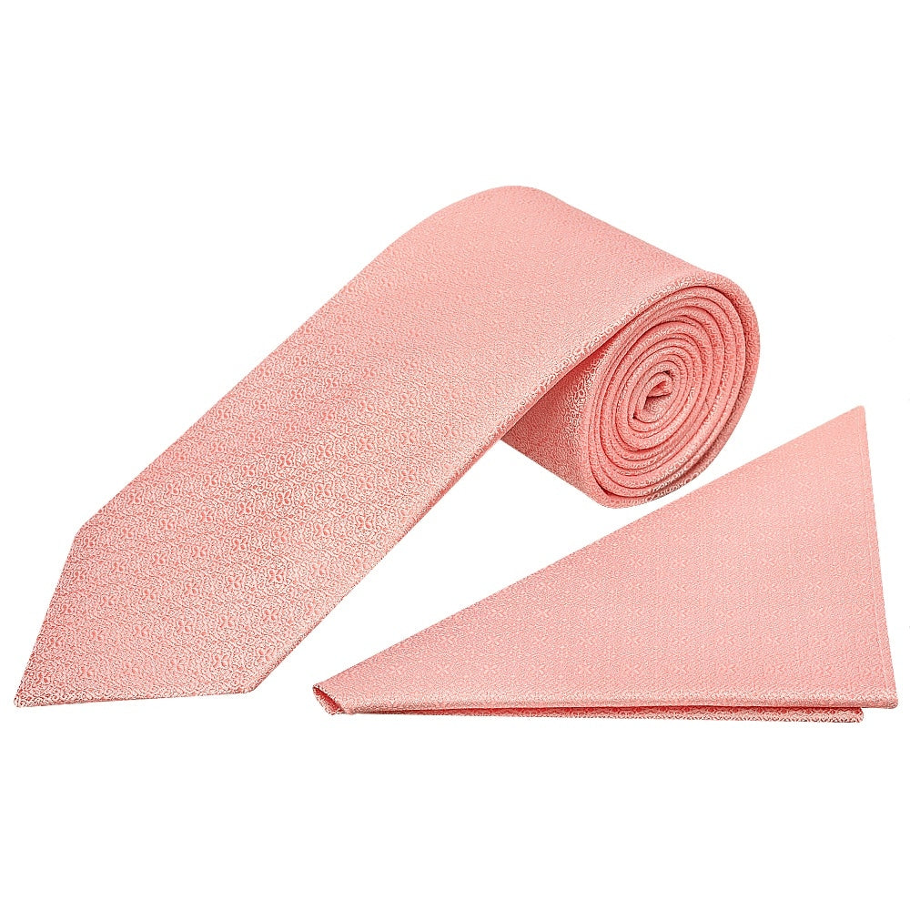 Pink Self Floral Textured Silk Classic Mens Tie And Pocket Square Set 1