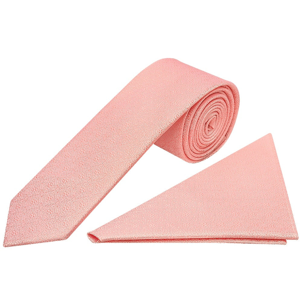 Pink Self Floral Textured Silk Skinny Mens Tie And Pocket Square Set 1