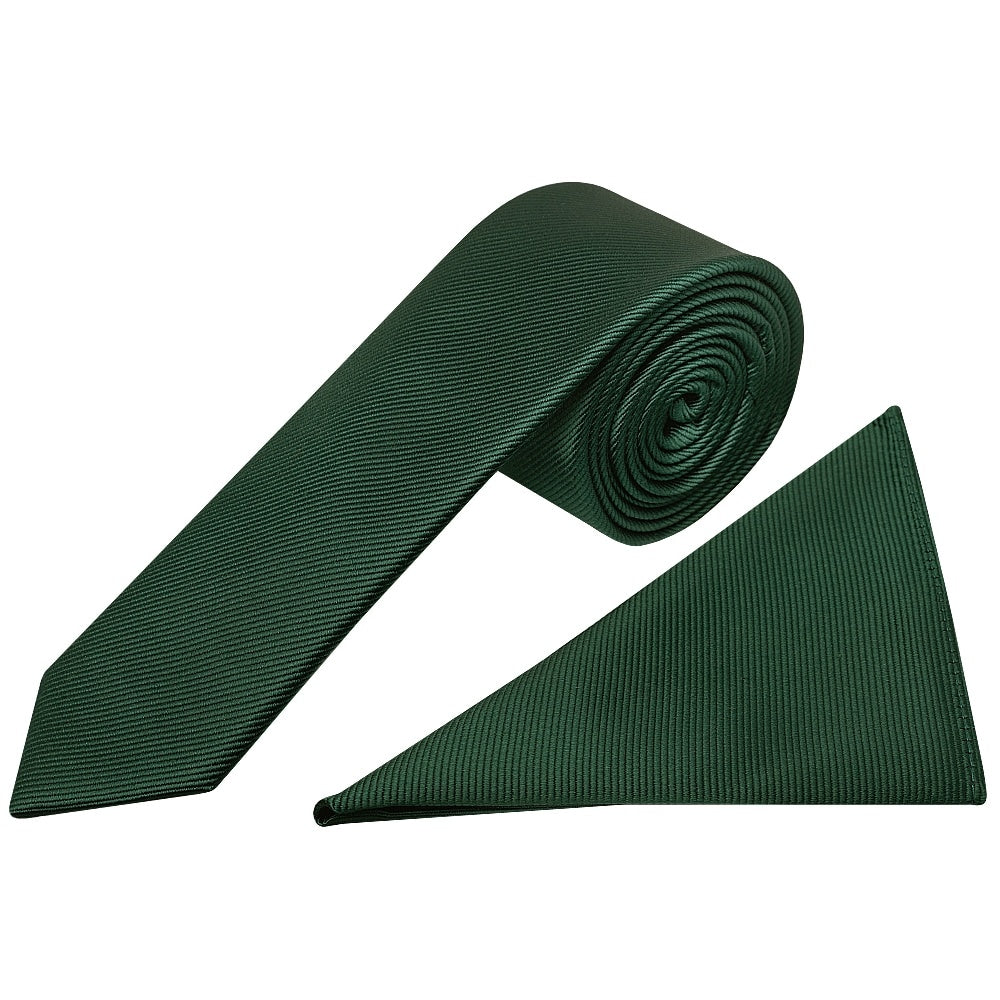 Bottle Green Silk Twill Skinny Mens Tie and Pocket Square Set