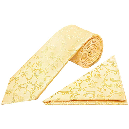 Gold Floral Classic Mens Tie And Pocket Square Set 1