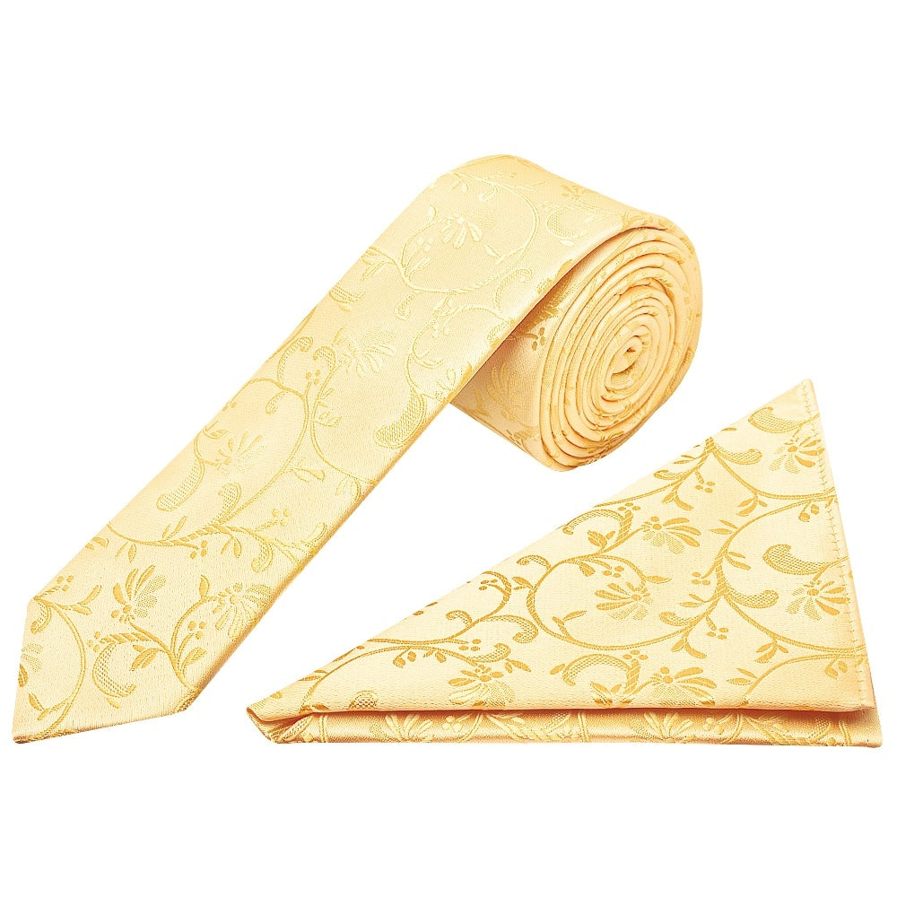Gold Floral Skinny Mens Tie And Pocket Square Set 1