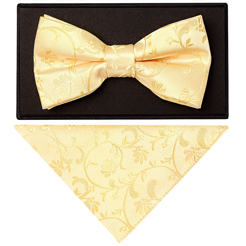 Gold Floral Handmade Mens Bow Tie And Pocket Square Set 1