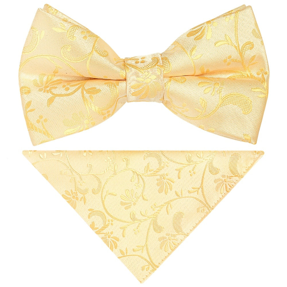 Pre Tied Gold Floral Boys Bow Tie And Pocket Square Set Age 4 7 1