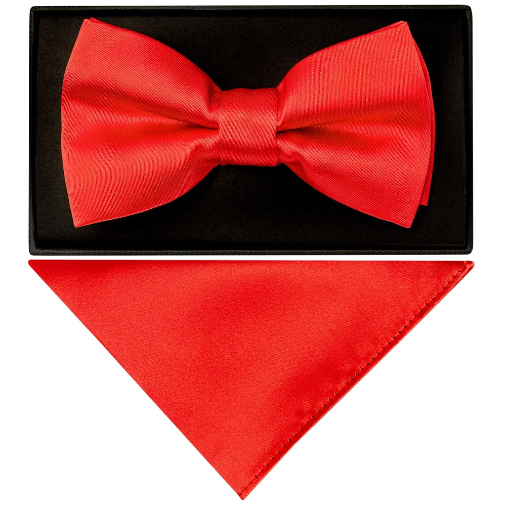 Handmade Bright Red Mens Bow Tie and Pocket Square Set