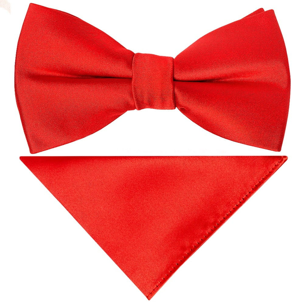 Pre Tied Bright Red Satin Boys Bow Tie And Pocket Square Set 1