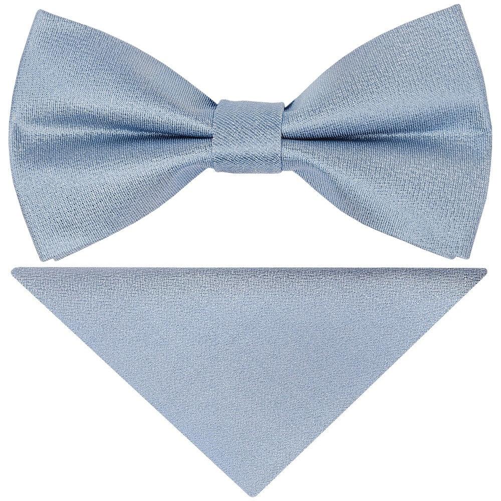 Pre Tied Dusty Blue Silk Boys Bow Tie and Pocket Square Set Age 4-7