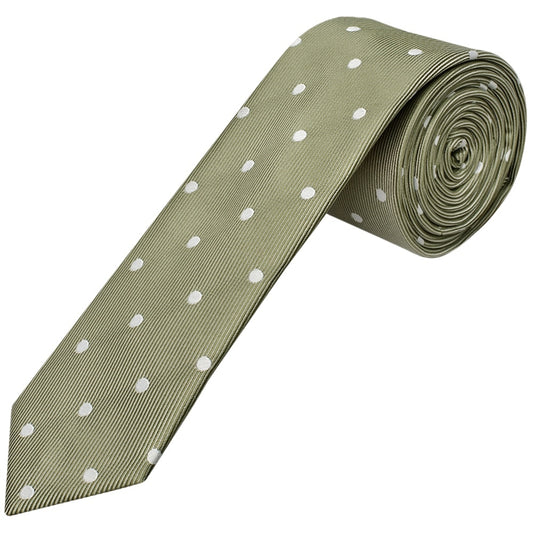 Khaki Green Large White Spot Skinny Mens Tie 1