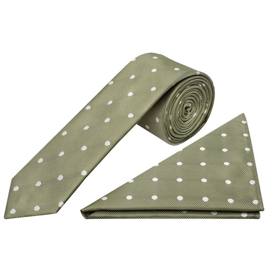 Khaki Green Large White Spot Skinny Mens Tie And Pocket Square Set 1