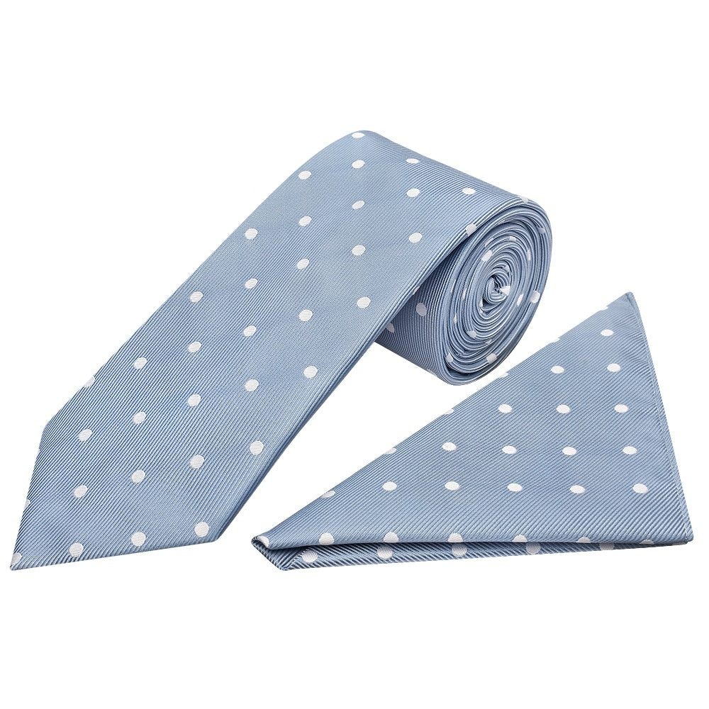 Dusty Blue White Spot Classic Mens Tie And Pocket Square Set 1