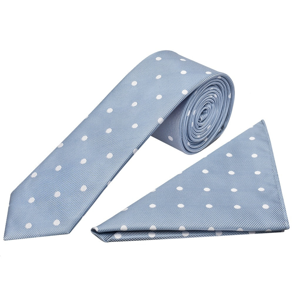 Dusty Blue Large White Spot Skinny Mens Tie And Pocket Square Set 1