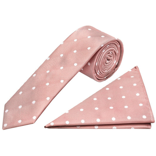 Rose Gold Large White Spot Skinny Mens Tie And Pocket Square Set 1