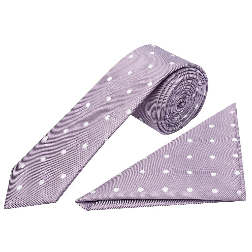 Light Mauve Large White Spot Skinny Mens Tie And Pocket Square Set 1