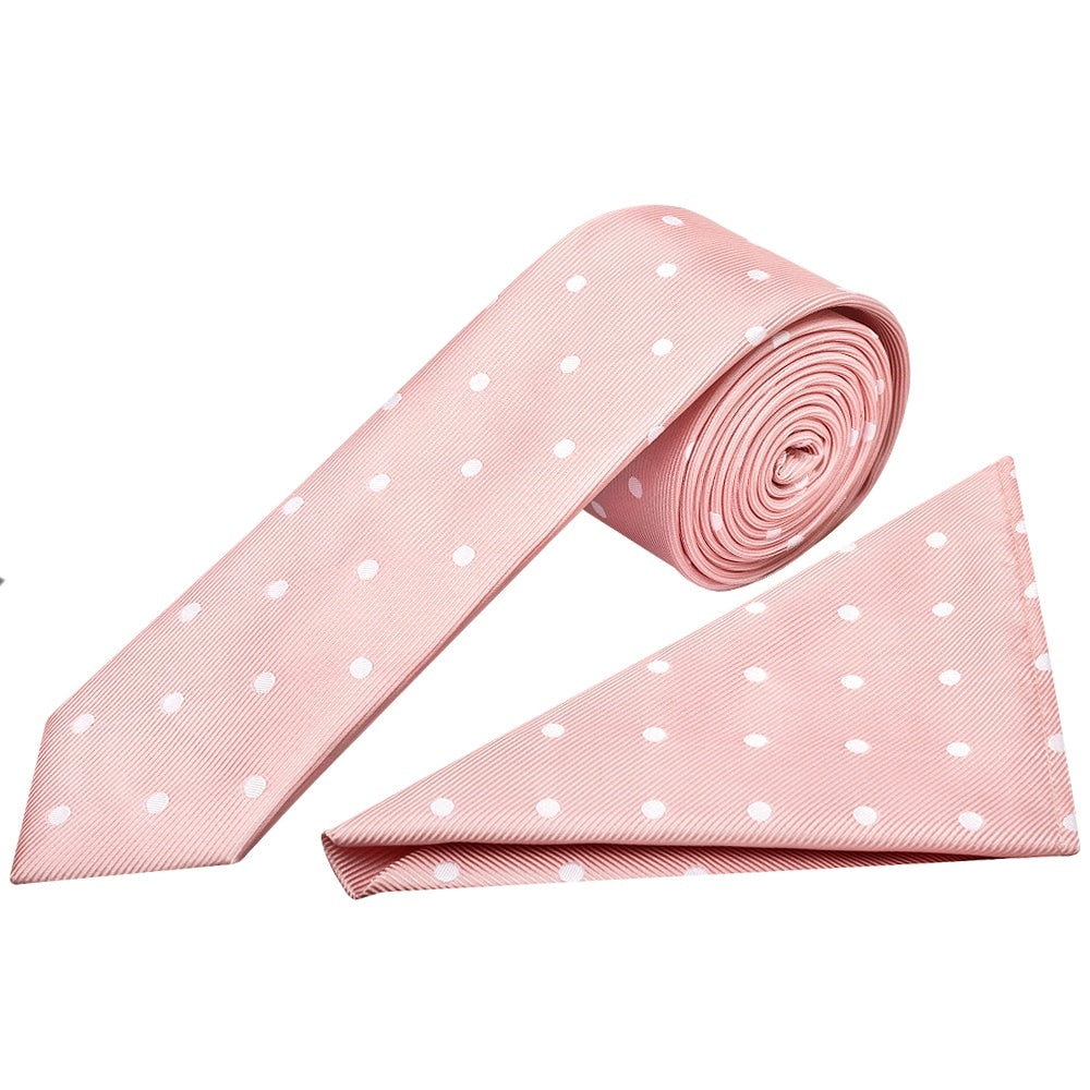 Pink Large White Spot Skinny Mens Tie And Pocket Square Set 1